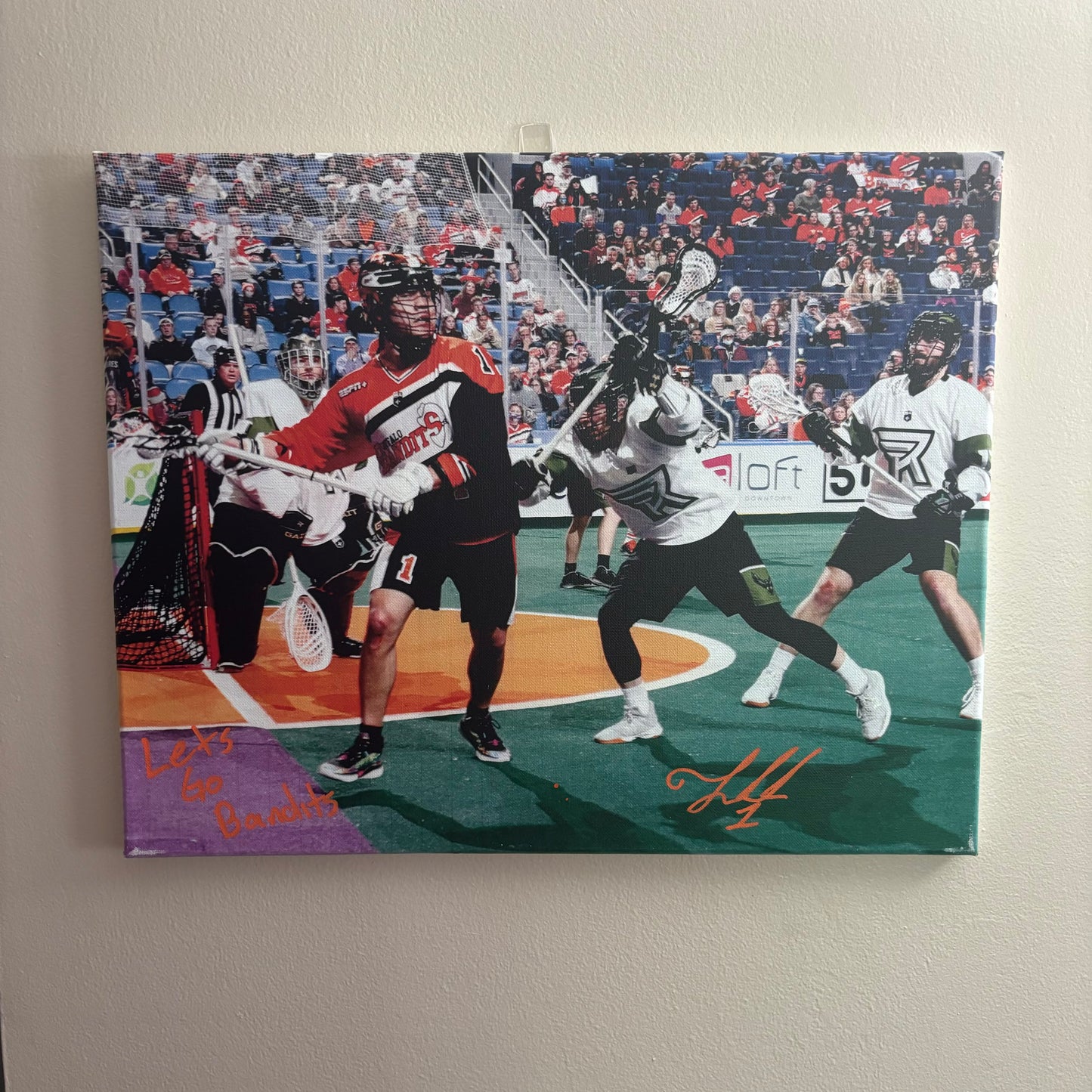 Tehoka Nanticoke Signed Buffalo Bandits 16x20 Canvas (Knighthawks - Lets Go Bandits)